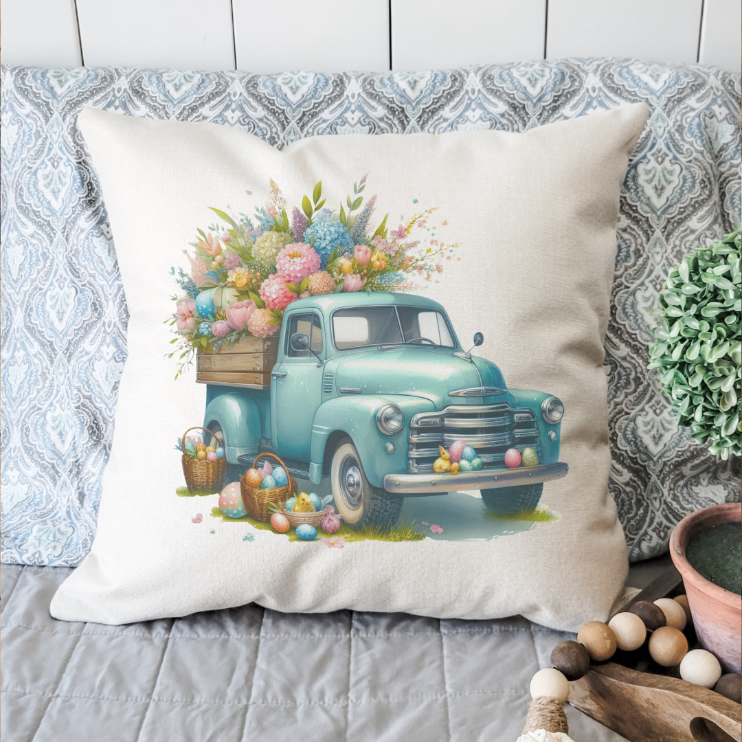 Easter Blue Truck Pillow Cover