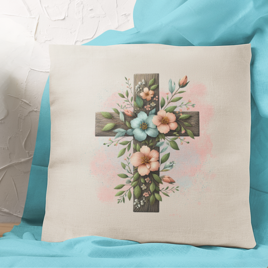 Floral Cross Blue and Pink Pillow Cover