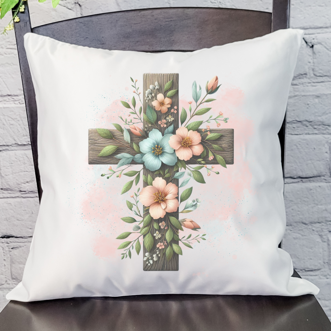 Floral Cross Blue and Pink Pillow Cover
