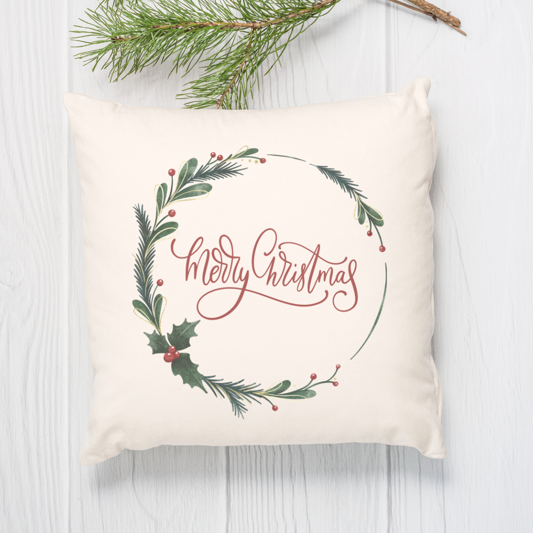 Merry Christmas Holly Wreath Pillow Cover