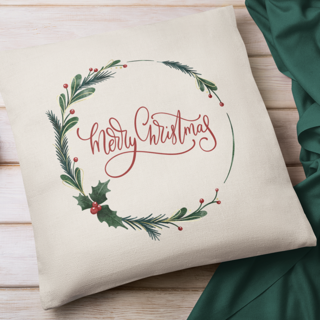 Merry Christmas Holly Wreath Pillow Cover