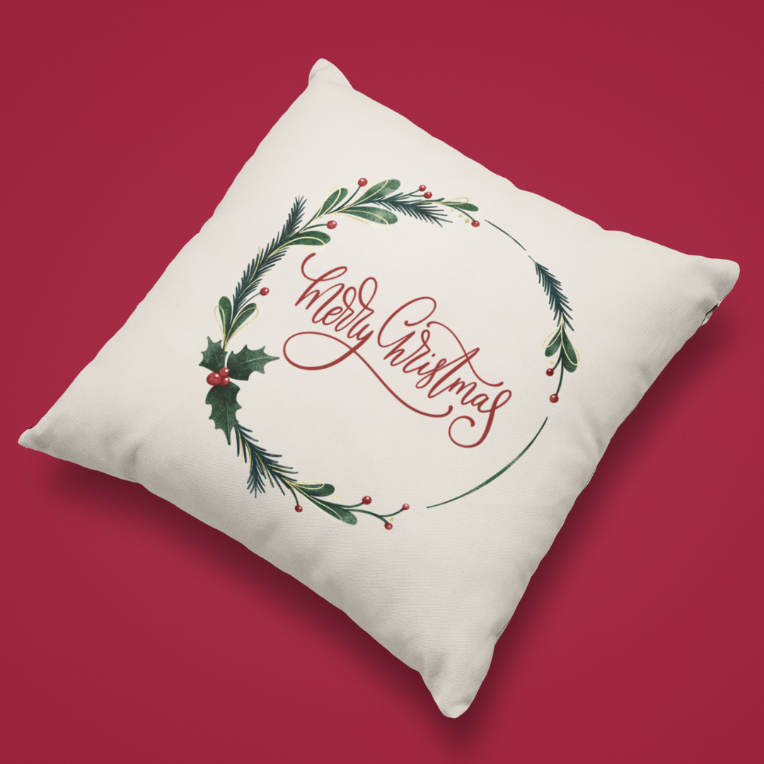 Merry Christmas Holly Wreath Pillow Cover