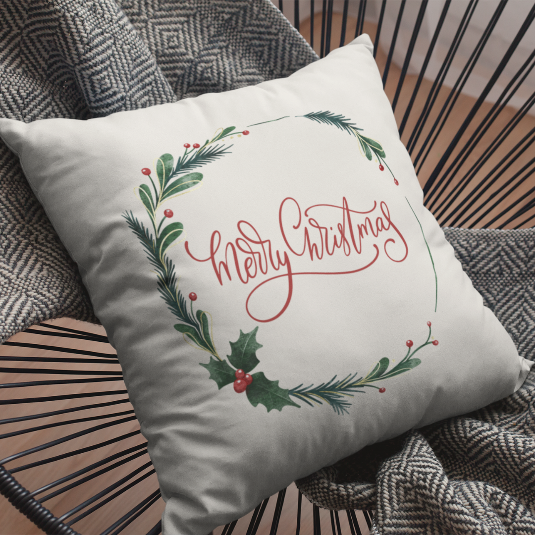 Merry Christmas Holly Wreath Pillow Cover