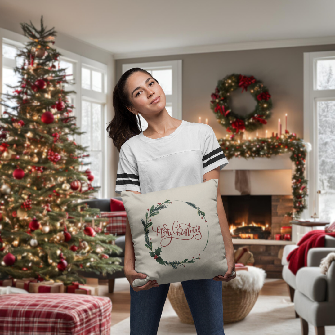 Merry Christmas Holly Wreath Pillow Cover