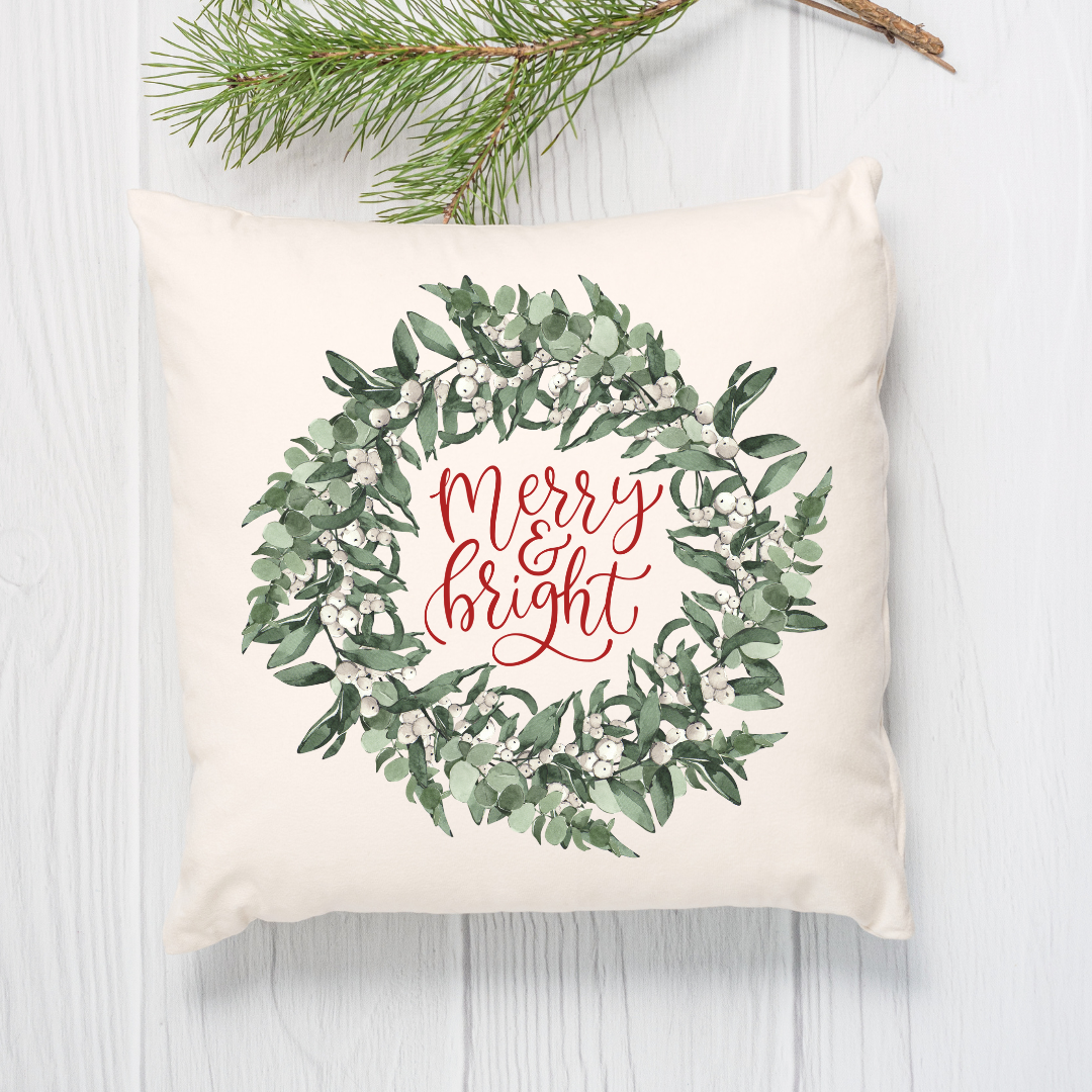 Merry and Bright Wreath Pillow Cover