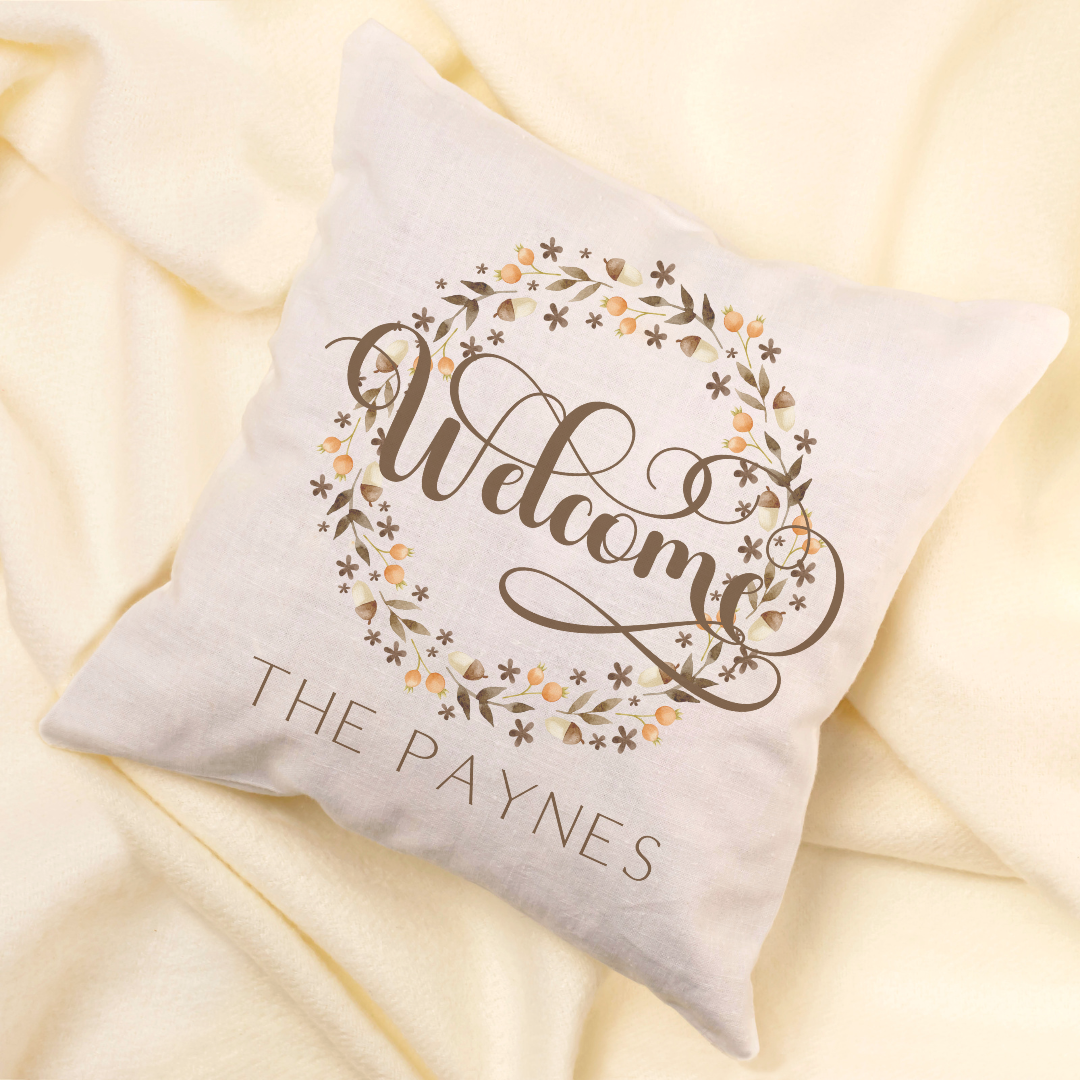 Personalized Acorn Welcome Wreath Pillow Cover