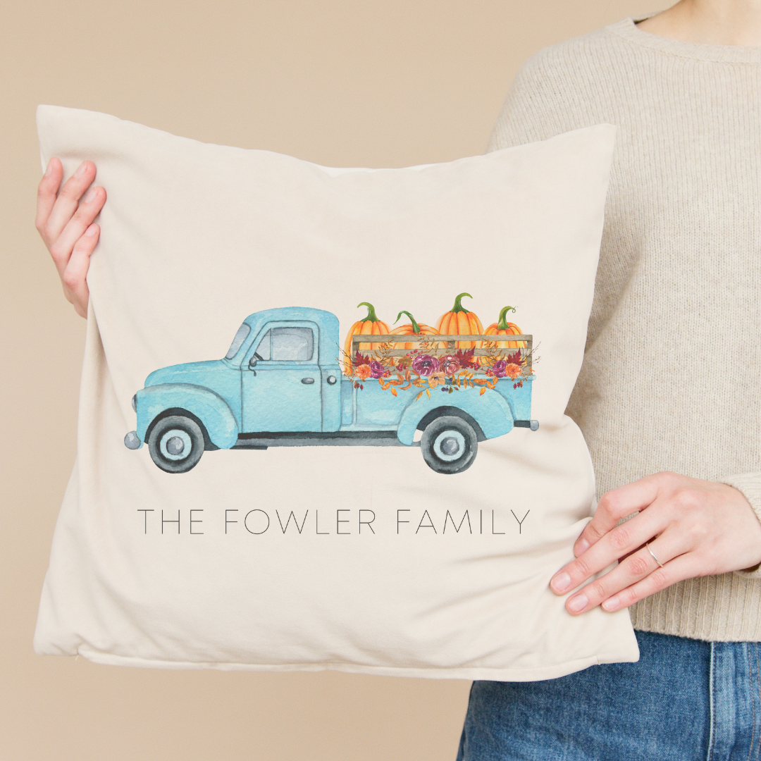 Personalized Blue Pumpkin Truck Pillow Cover