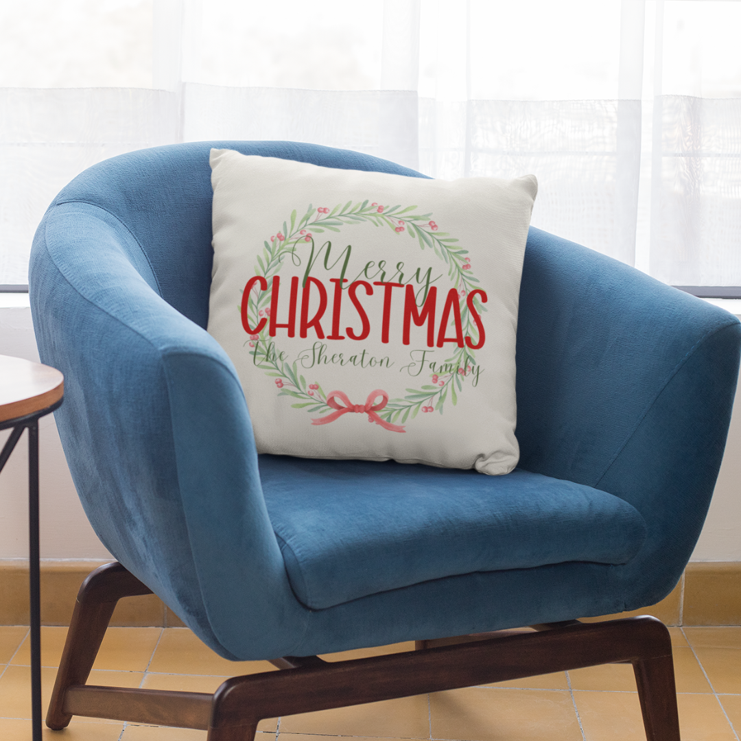 Personalized Christmas Berry Wreath Pillow Cover