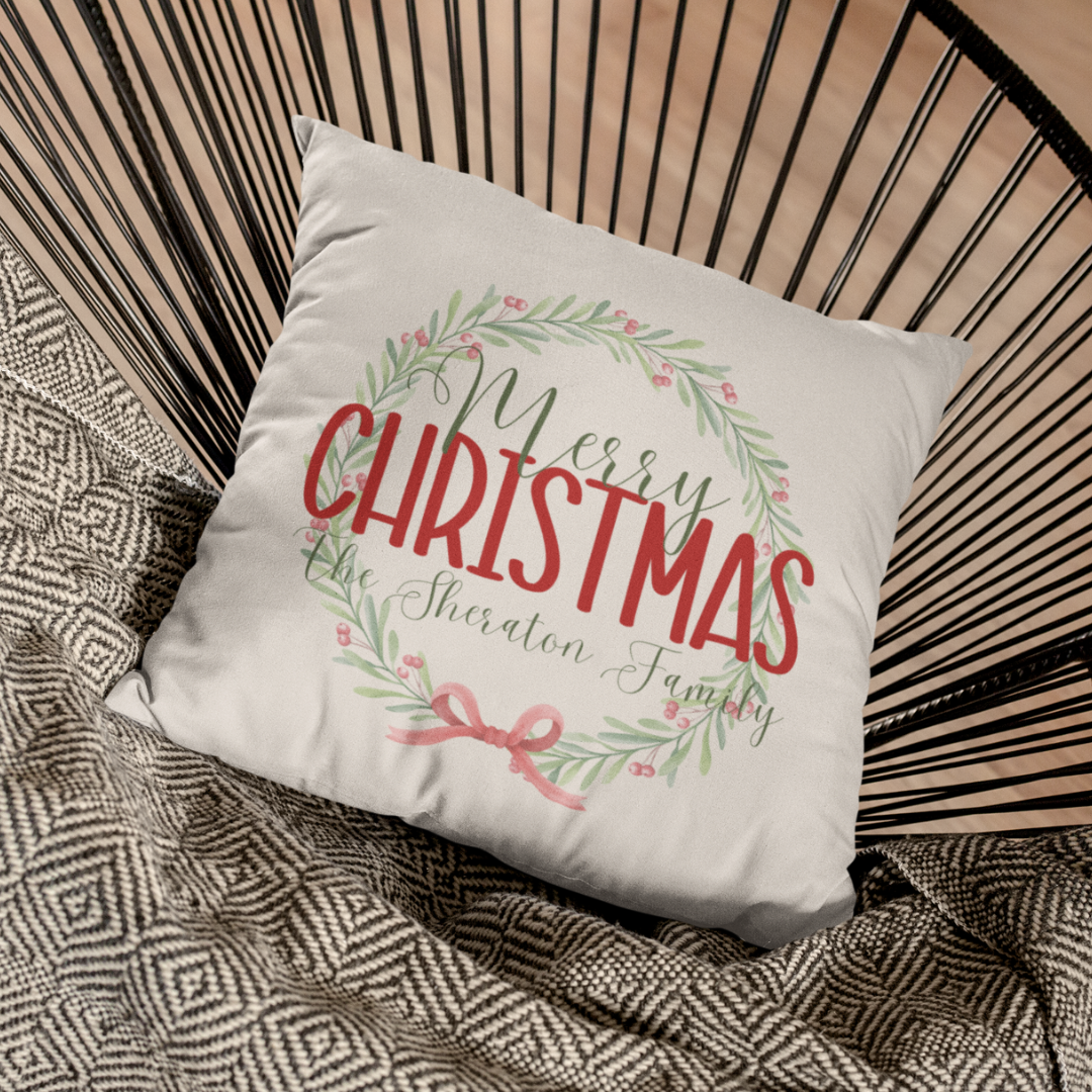 Personalized Christmas Berry Wreath Pillow Cover