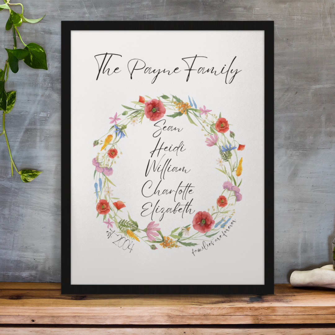 12 x 18" Personalized Families are Forever Wildflower Wreath Print