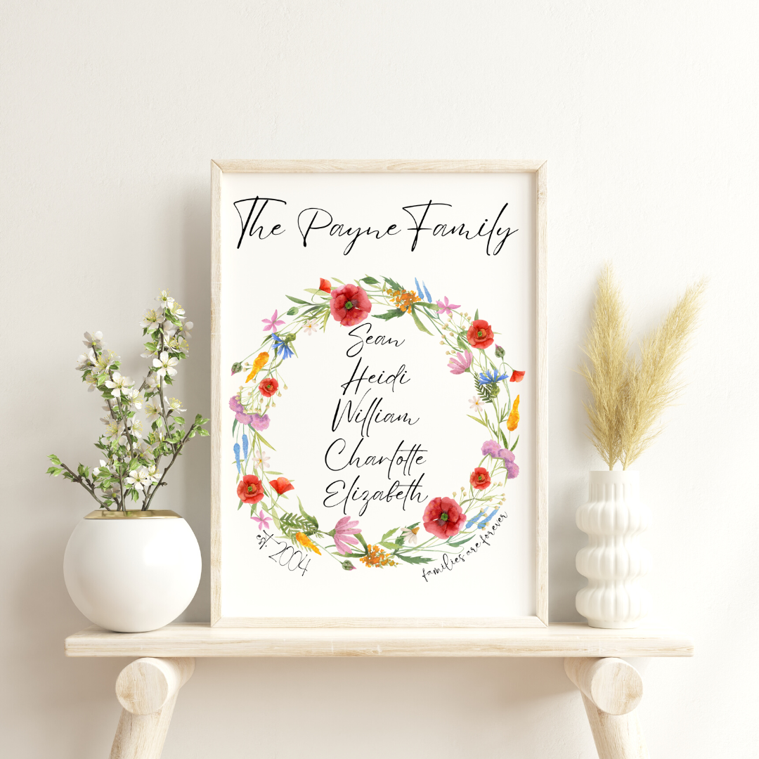 12 x 18" Personalized Families are Forever Wildflower Wreath Print