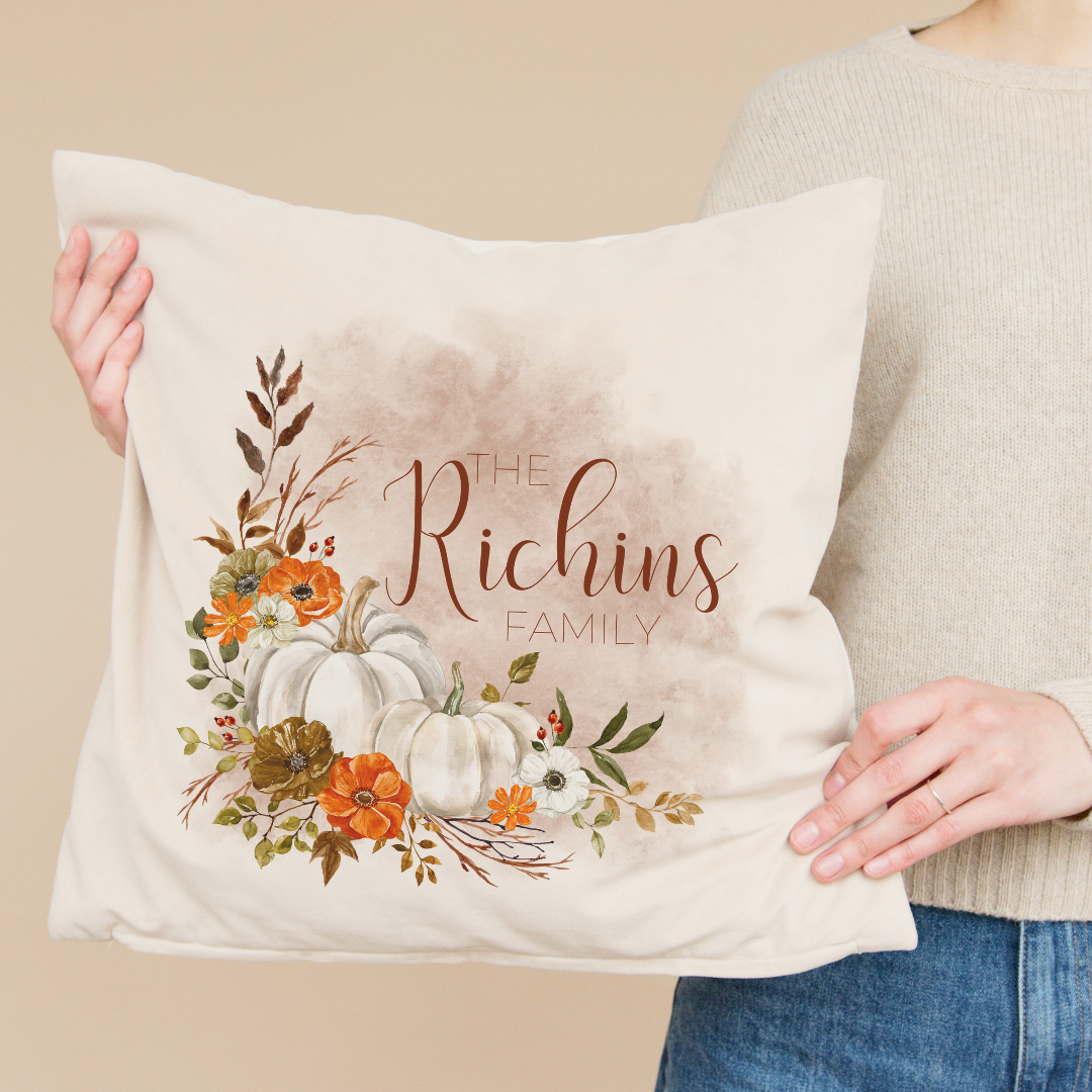 Personalized Gray Pumpkin with Foliage Pillow Cover