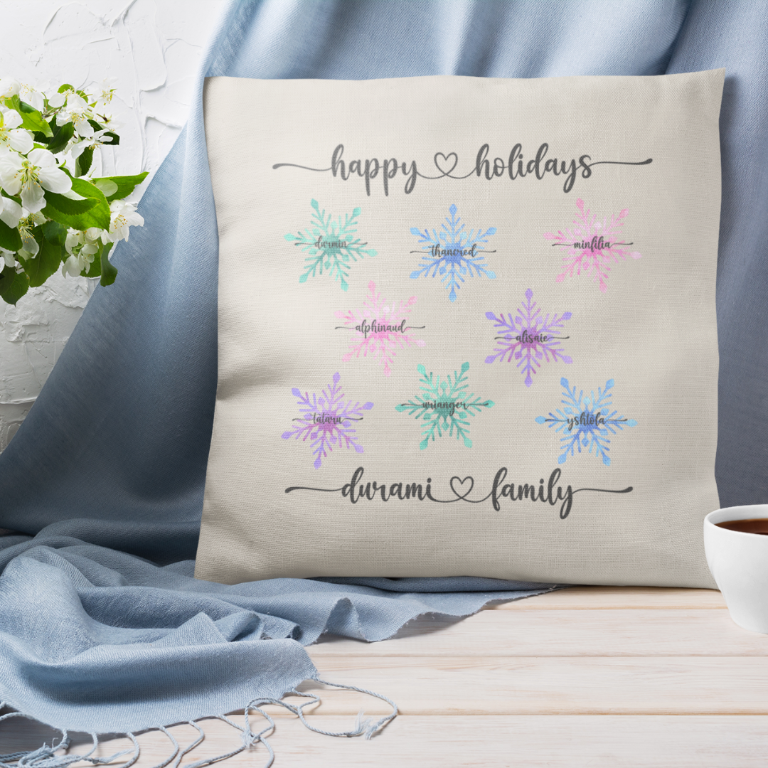 Personalized Happy Holidays Snowflakes Pillow Cover