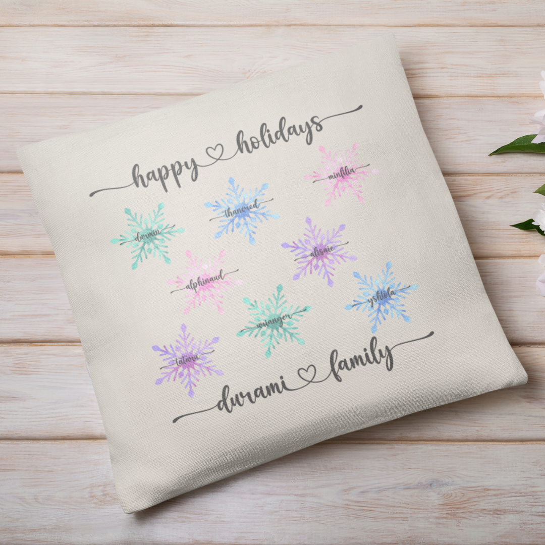 Personalized Happy Holidays Snowflakes Pillow Cover