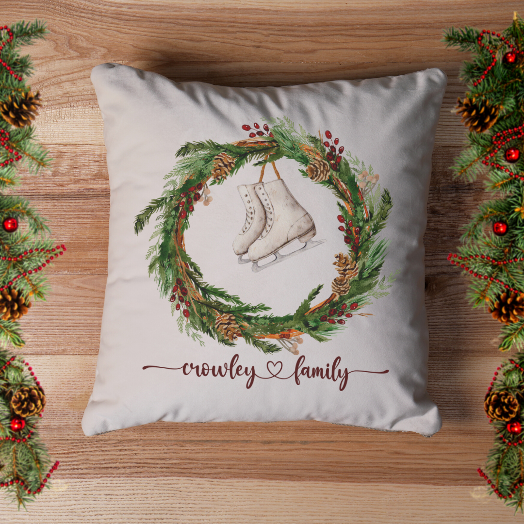 Personalized Ice Skate Wreath Pillow Cover