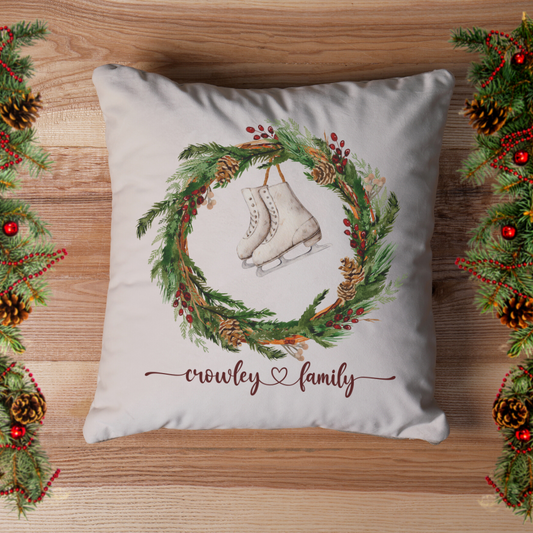 Personalized Ice Skate Wreath Pillow Cover
