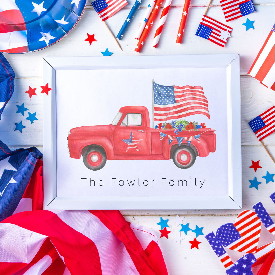8 1/2 x 11 Personalized Patriotic Red Truck Print
