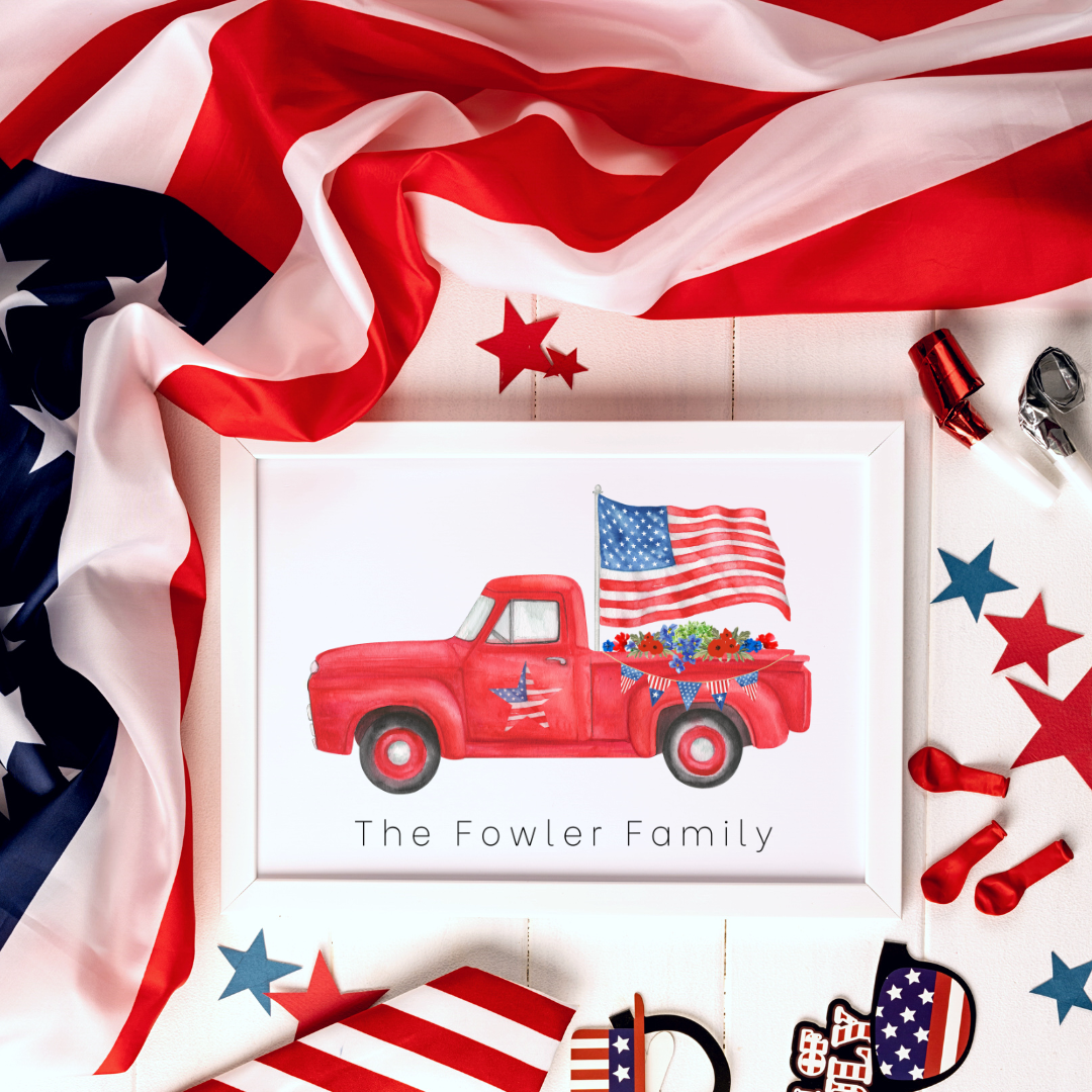 8 1/2 x 11 Personalized Patriotic Red Truck Print
