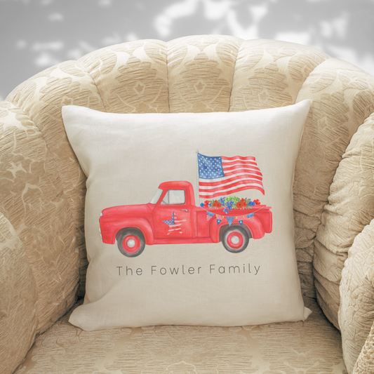 Personalized Patriotic Red Truck Pillow Cover