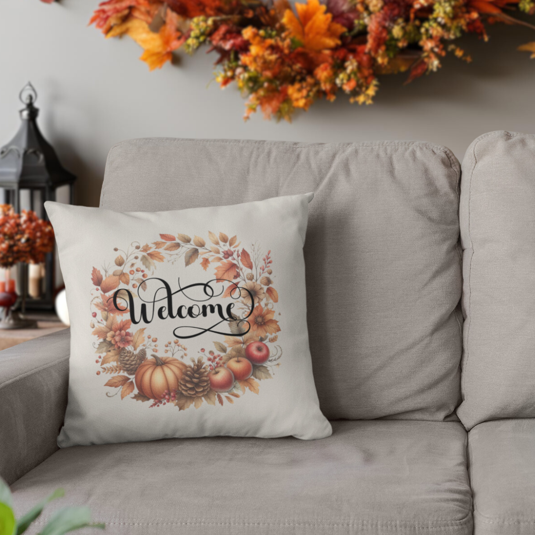 Welcome Pumpkin and Pinecone Wreath Pillow Cover