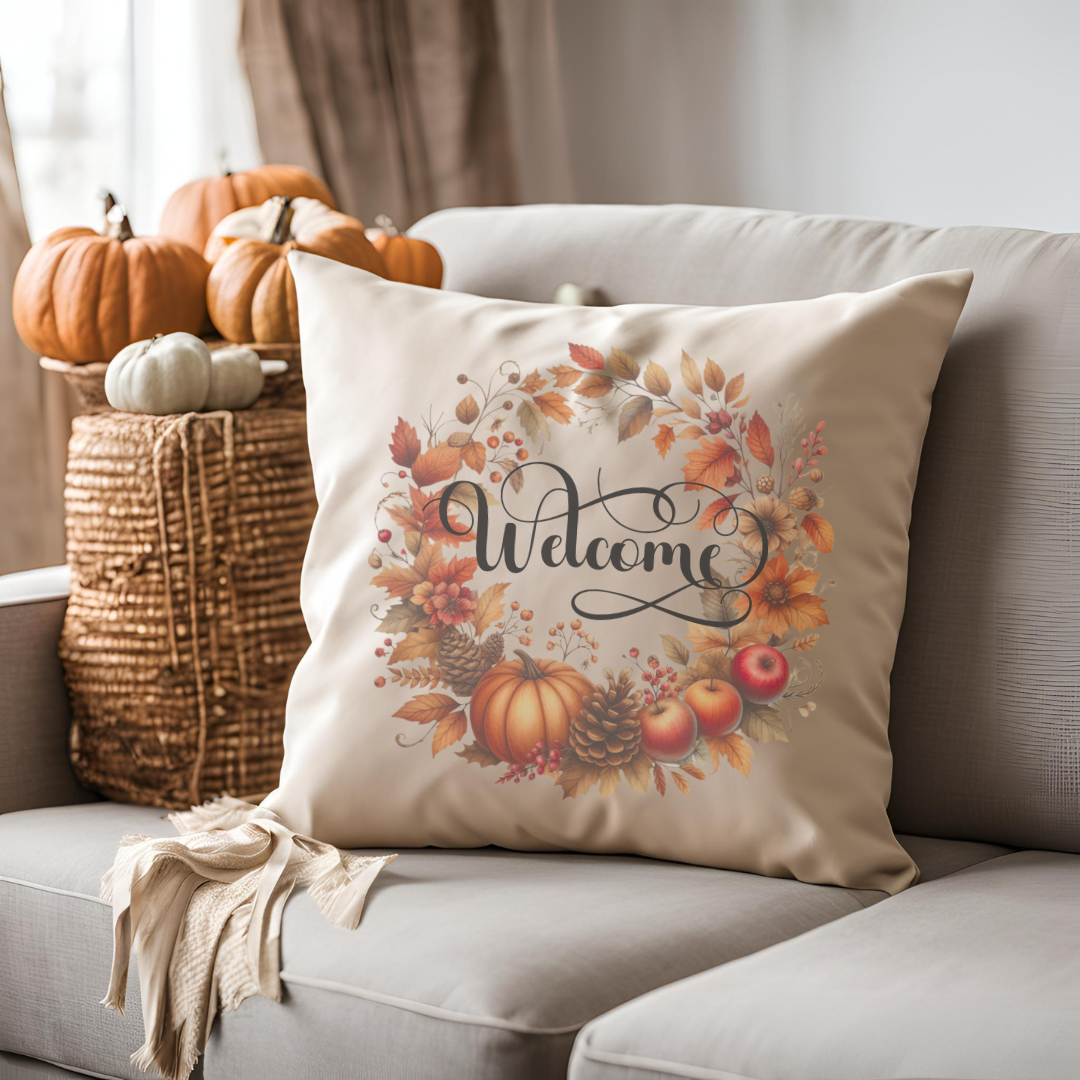 Welcome Pumpkin and Pinecone Wreath Pillow Cover