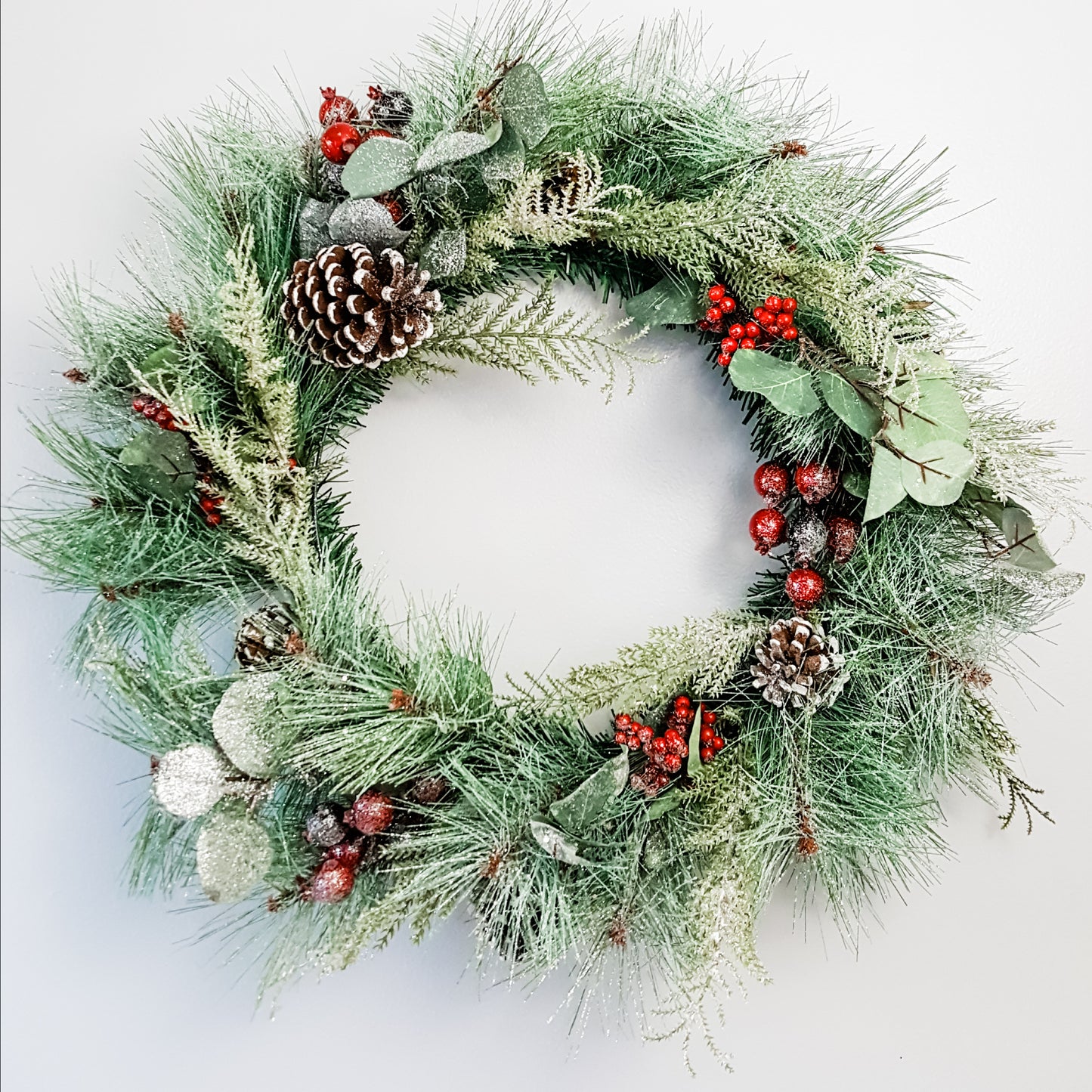 Glittered Evergreen and Berries Christmas Wreath
