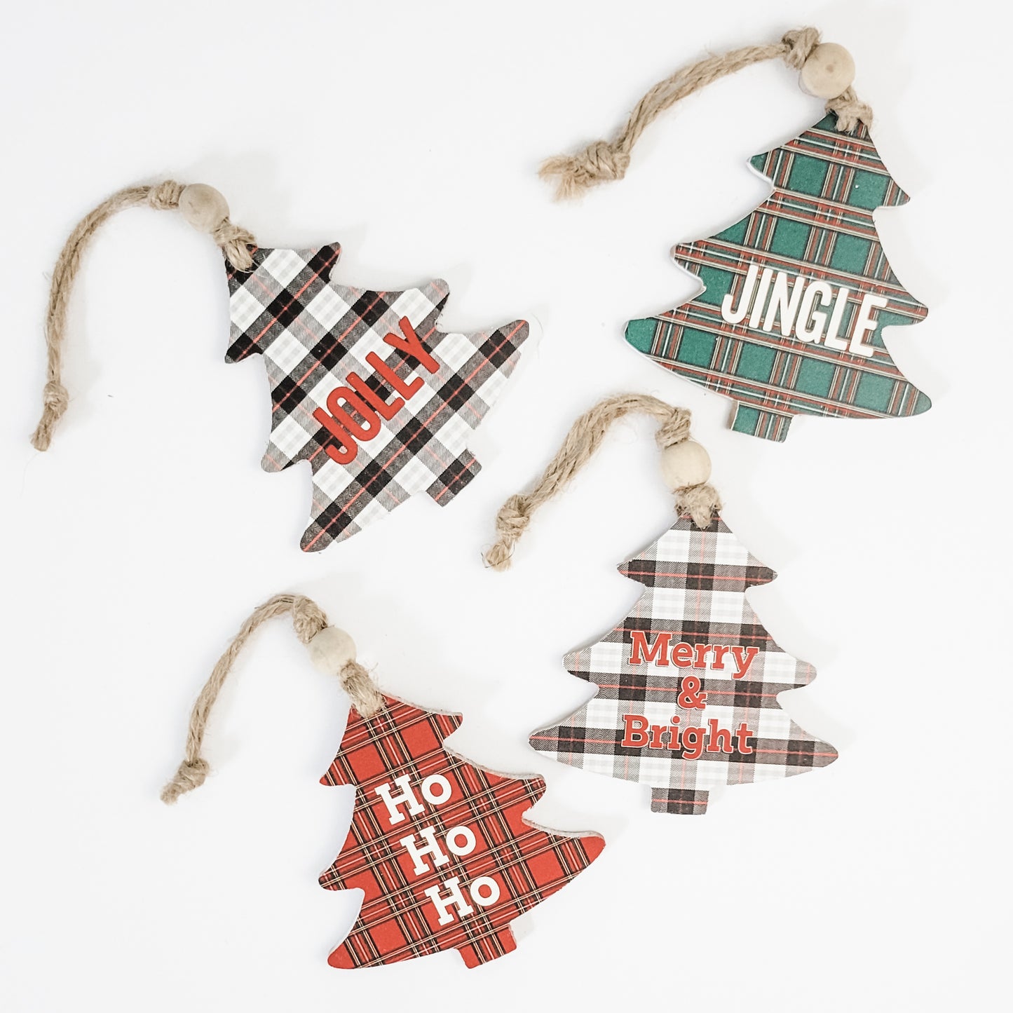 Holiday Wood Tree Ornaments Set of 4