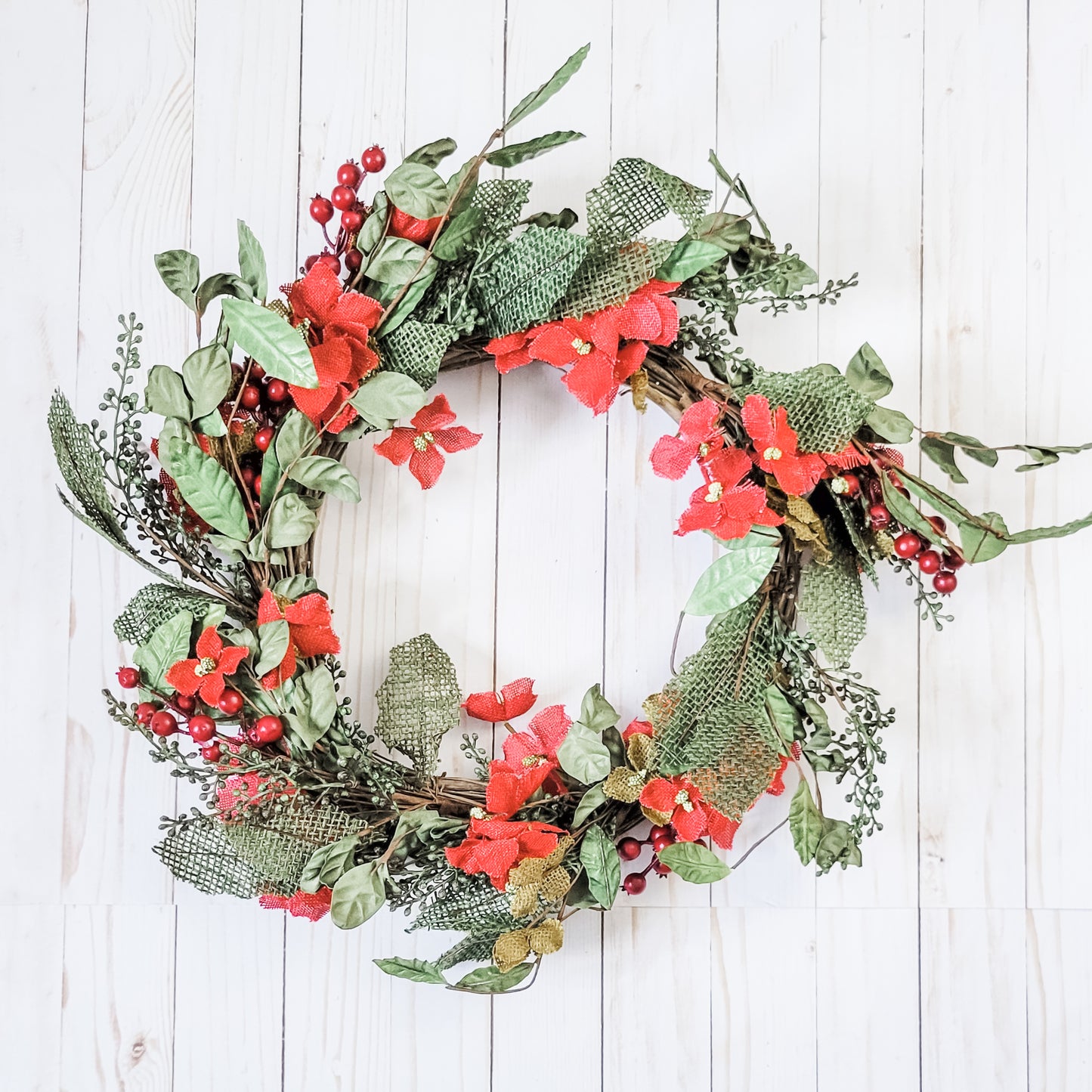 Burlap Greens and Red Flowers Wreath
