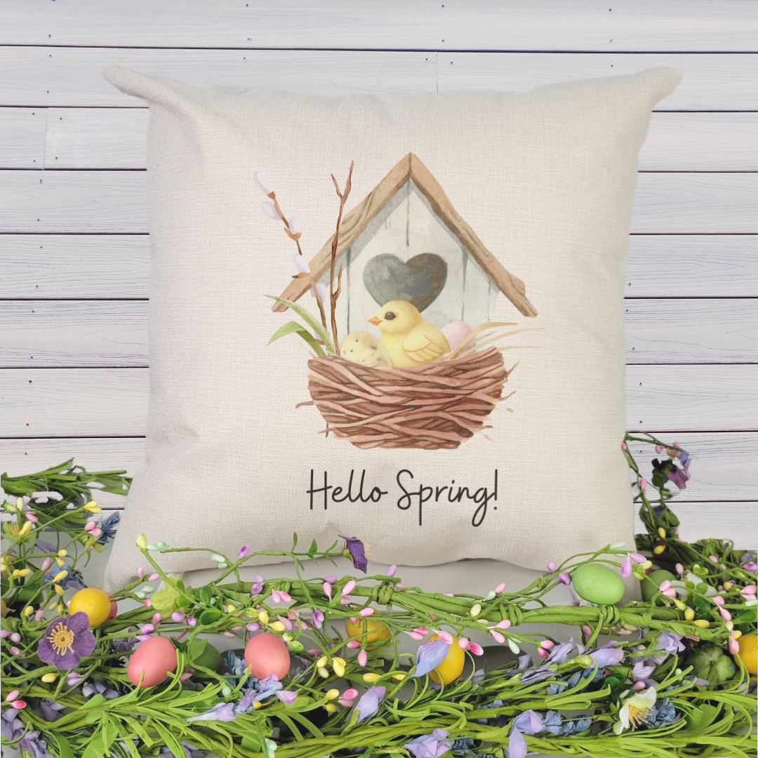 Hello Spring Birdhouse Pillow Cover