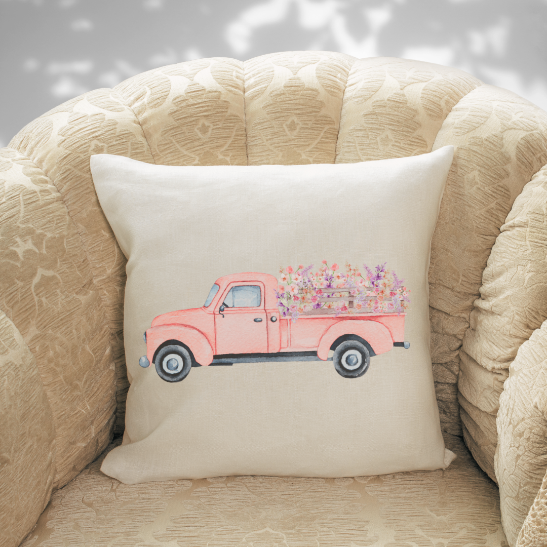 Pink Flower Truck Pillow Cover