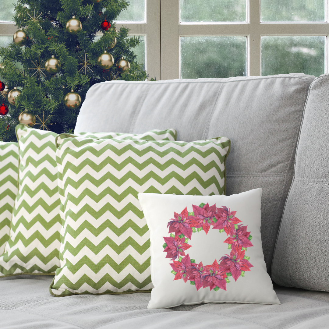 Poinsettia Wreath Pillow Cover
