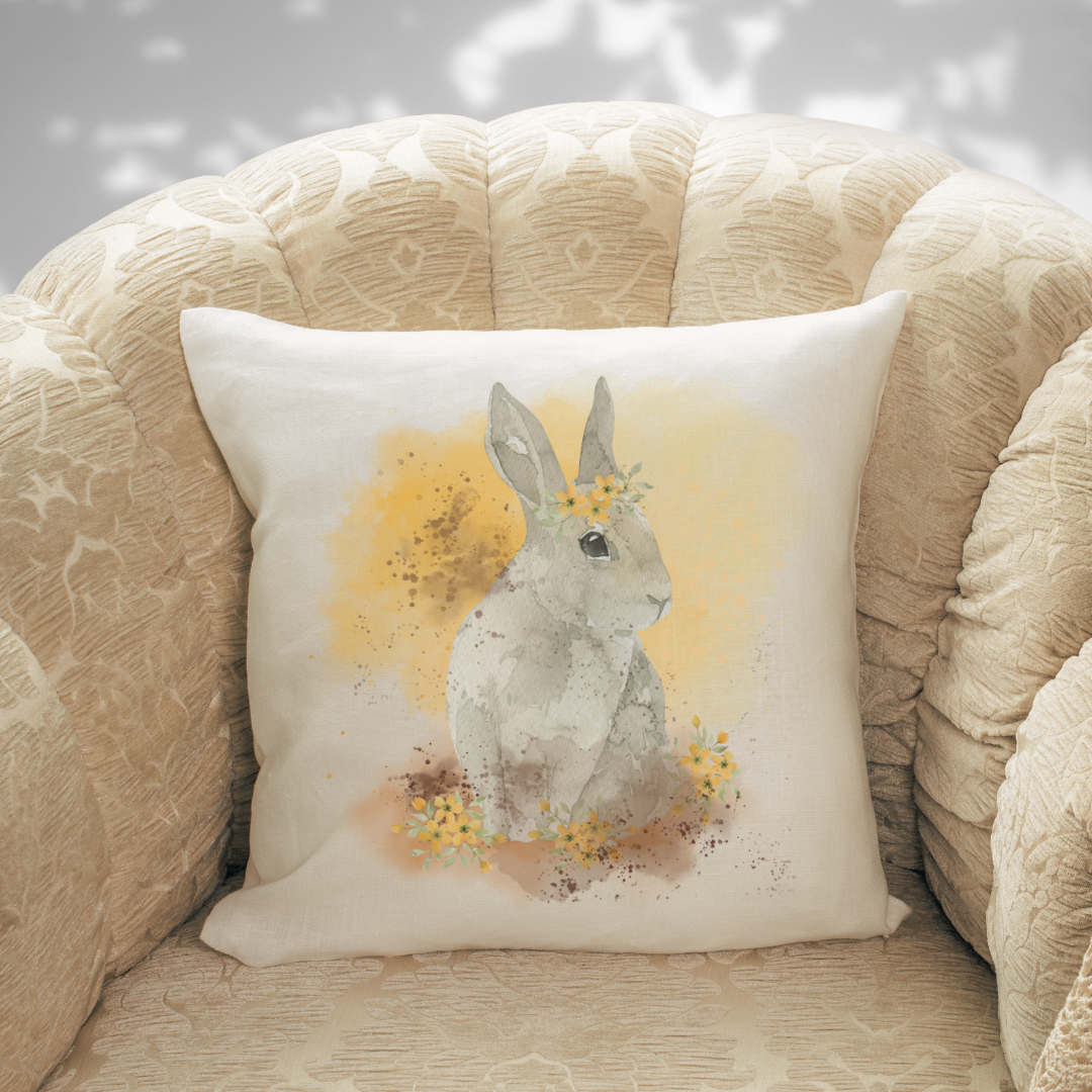 Yellow Flower Bunny Art Pillow Cover