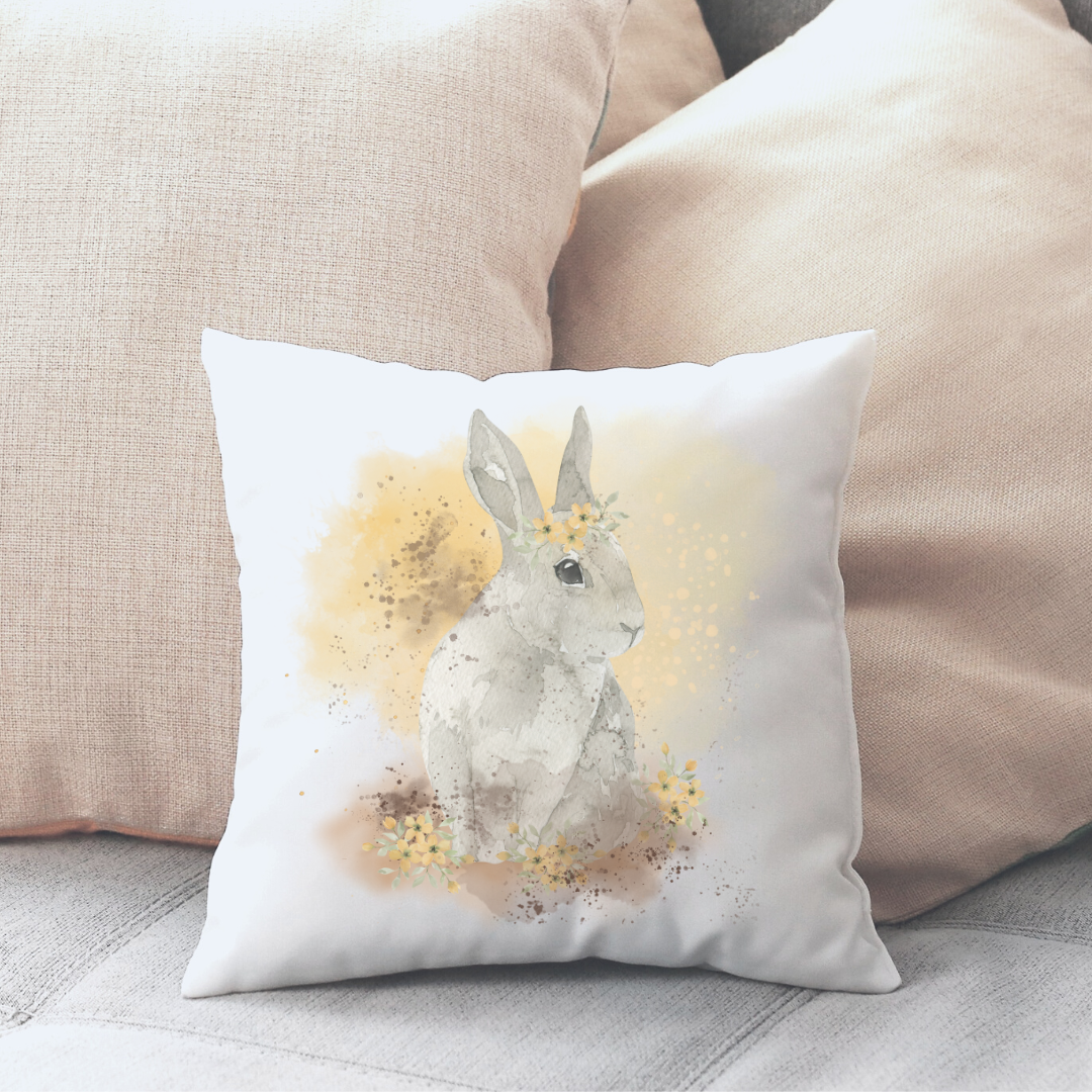 Yellow Flower Bunny Art Pillow Cover